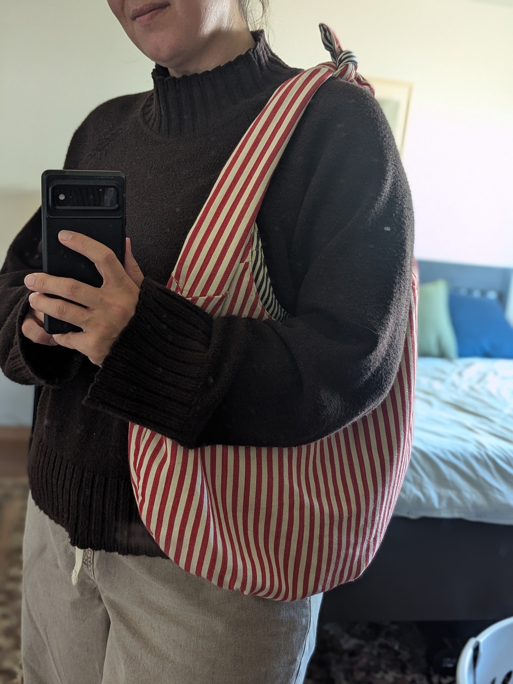 Red/White Striped Cotton Tote Bag. Reversible